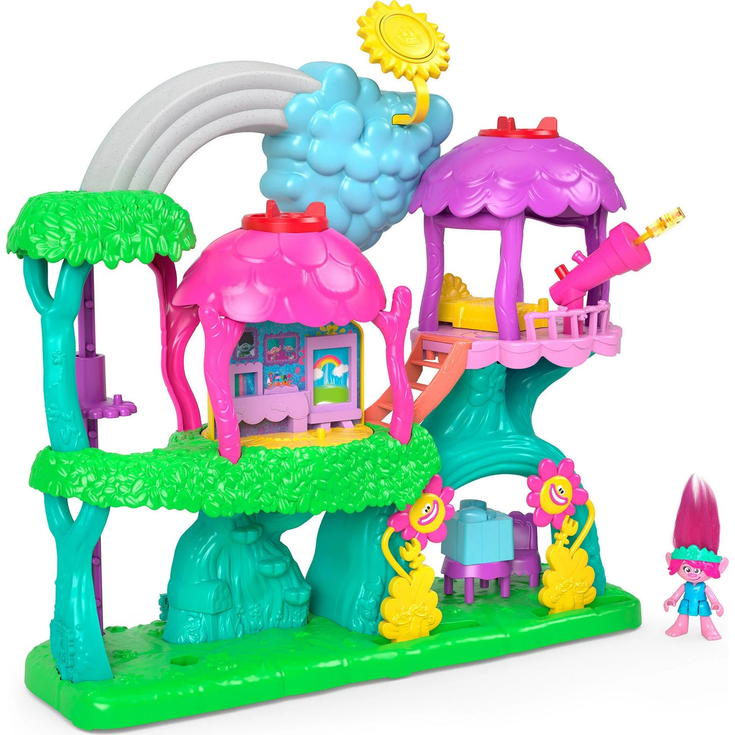 Imaginext Dreamworks Trolls Lights & Sounds Rainbow Treehouse Playset With Poppy, 7 Pieces